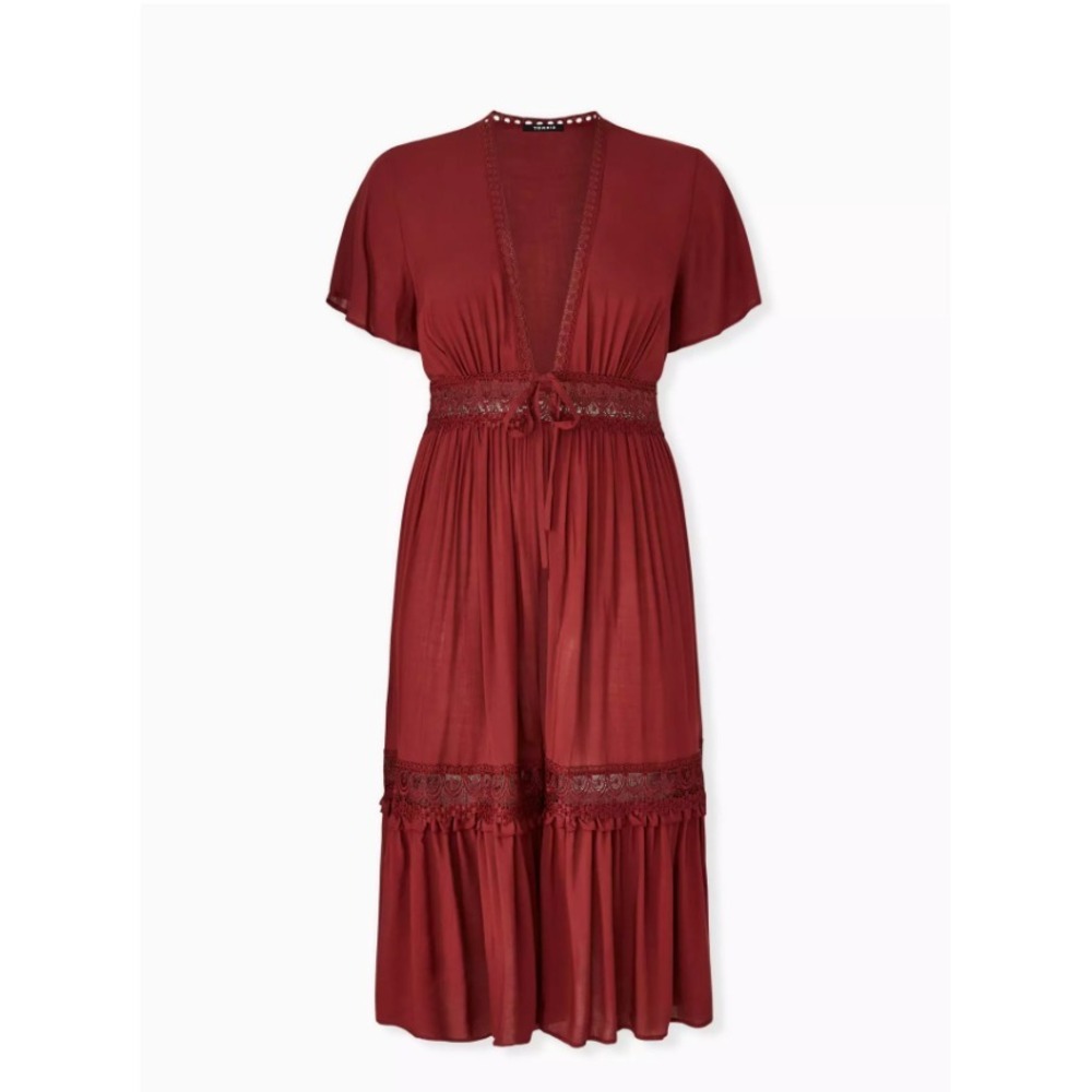 Torrid‎ Duster Length Kimono Dress Womens 3X Red Lace Tie Front Boho Cottagecore